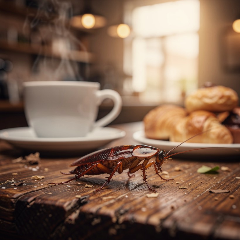 Cucaracha sobre el counter de madera de una cafetería en Monterrey, plaga que controla Orkin