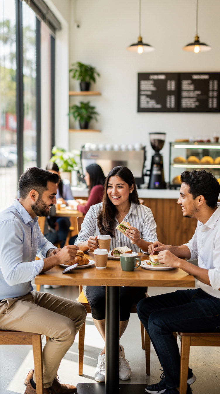 Comensales comiendo en una cafetería moderna en Monterrey, un negocio de food-service que Orkin protege con control de plagas
