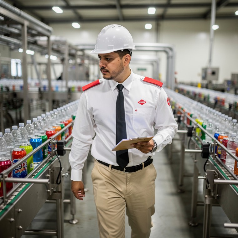 Técnico de Orkin inspeccionando entre los conveyors de una planta refresquera en Monterrey