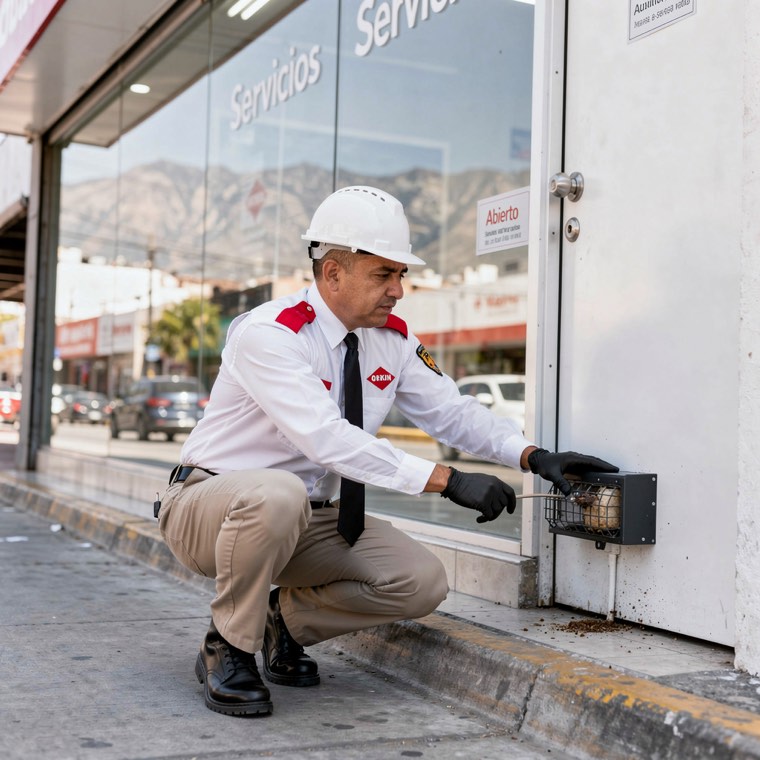 Técnico de Orkin en cuclillas inspeccionando una estación de cebo en el exterior de un local comercial en Monterrey